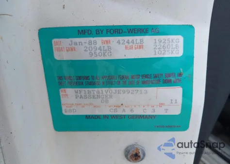 1988 Merkur Scorpio из США, поврежденный, VIN WF1BT81V0JE992713